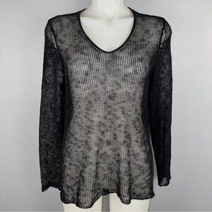 Eileen Fisher Tunic Medium Black Sheer Hi/Low Loose Knit Linen Blend Pullover